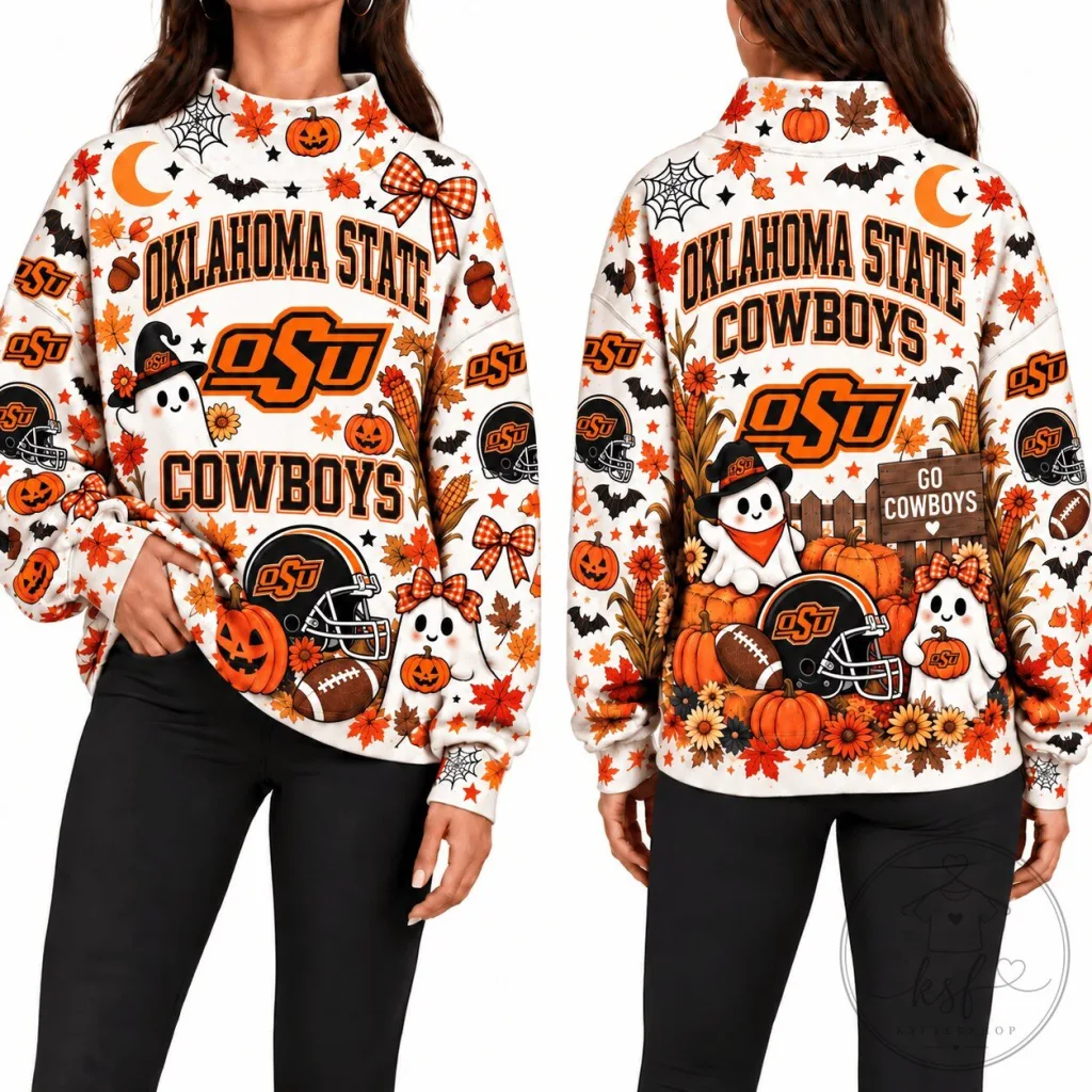 Oklahoma State Cowboys Halloween Ghost Pumpkin Fall Leaves Sweatshirt