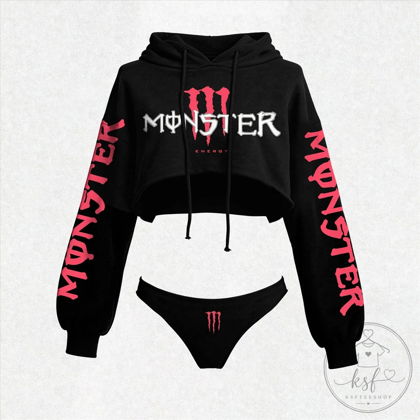 Women's Cropped Hoodie and Thong Set featuring Monster Energy Drink Logo