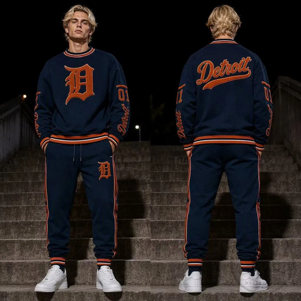 Detroit Tigers Baseball Team Navy Blue Crewneck Sweatshirt and Jogger Pants Set