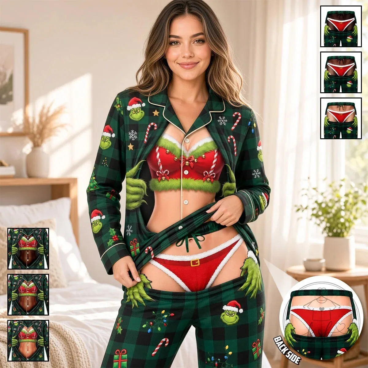 Funny Grinch Christmas Couple Button Up Pajama Set