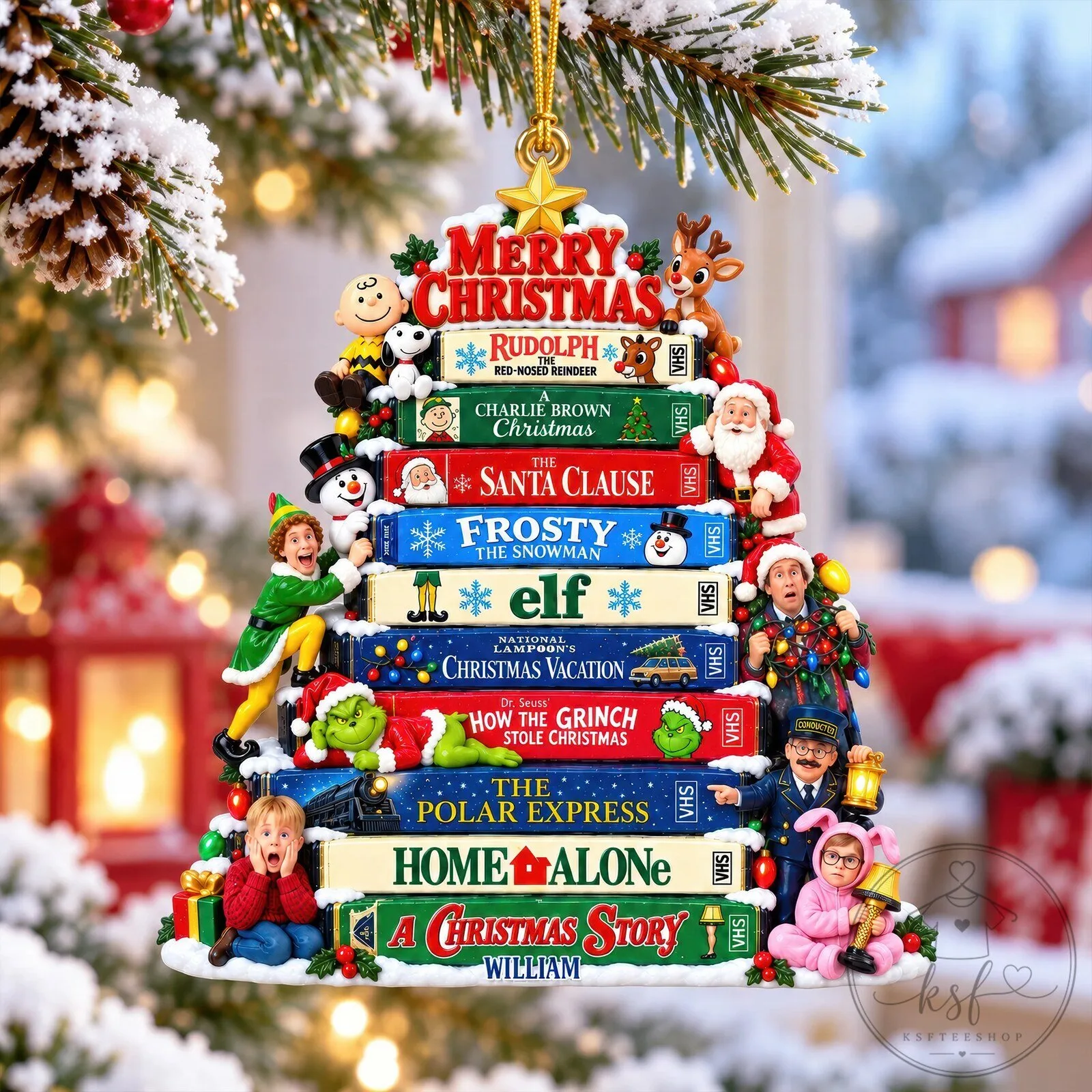 Christmas Movie VHS Stack Holiday Tree Acrylic Ornament