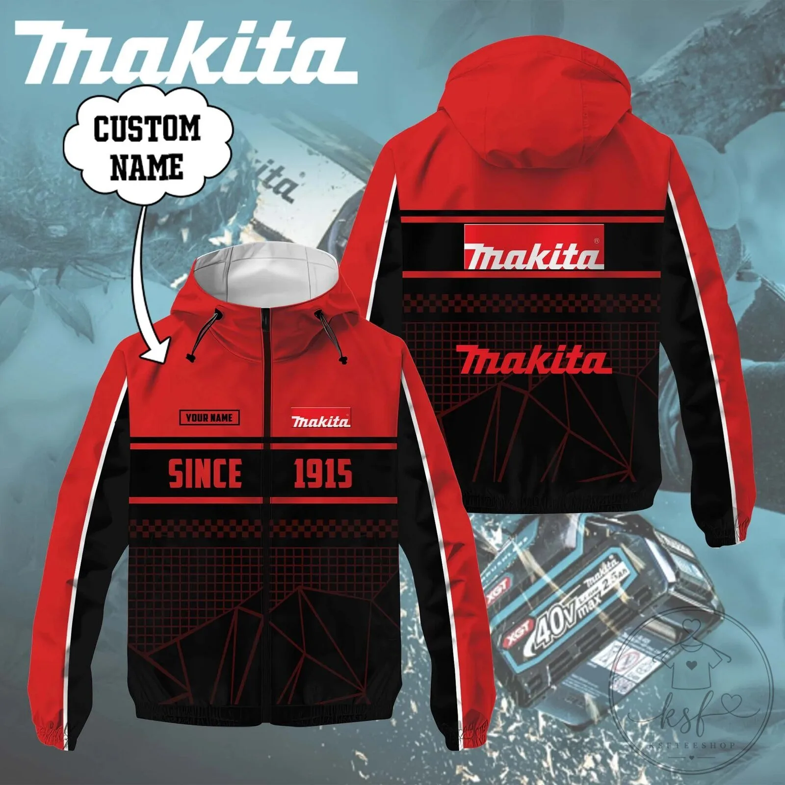 Makita Power Tools Custom Name Since 1915 Red and Black Waterproof Jacket