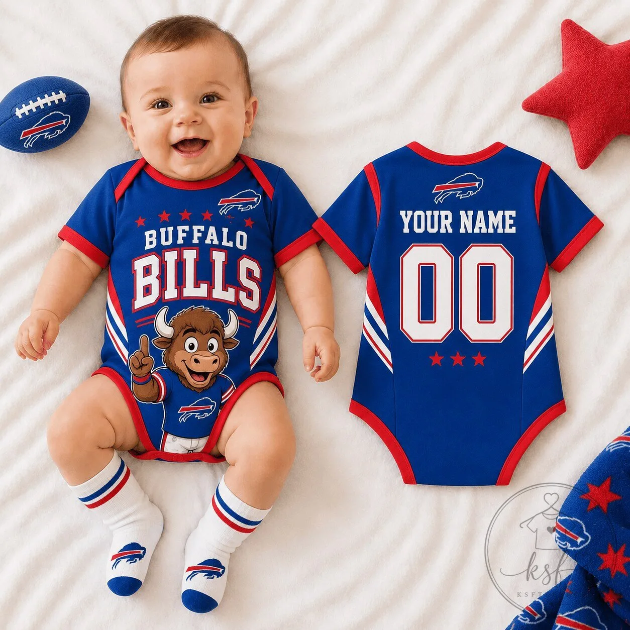 Buffalo Bills Football Team Baby Romper Custom Name and Number