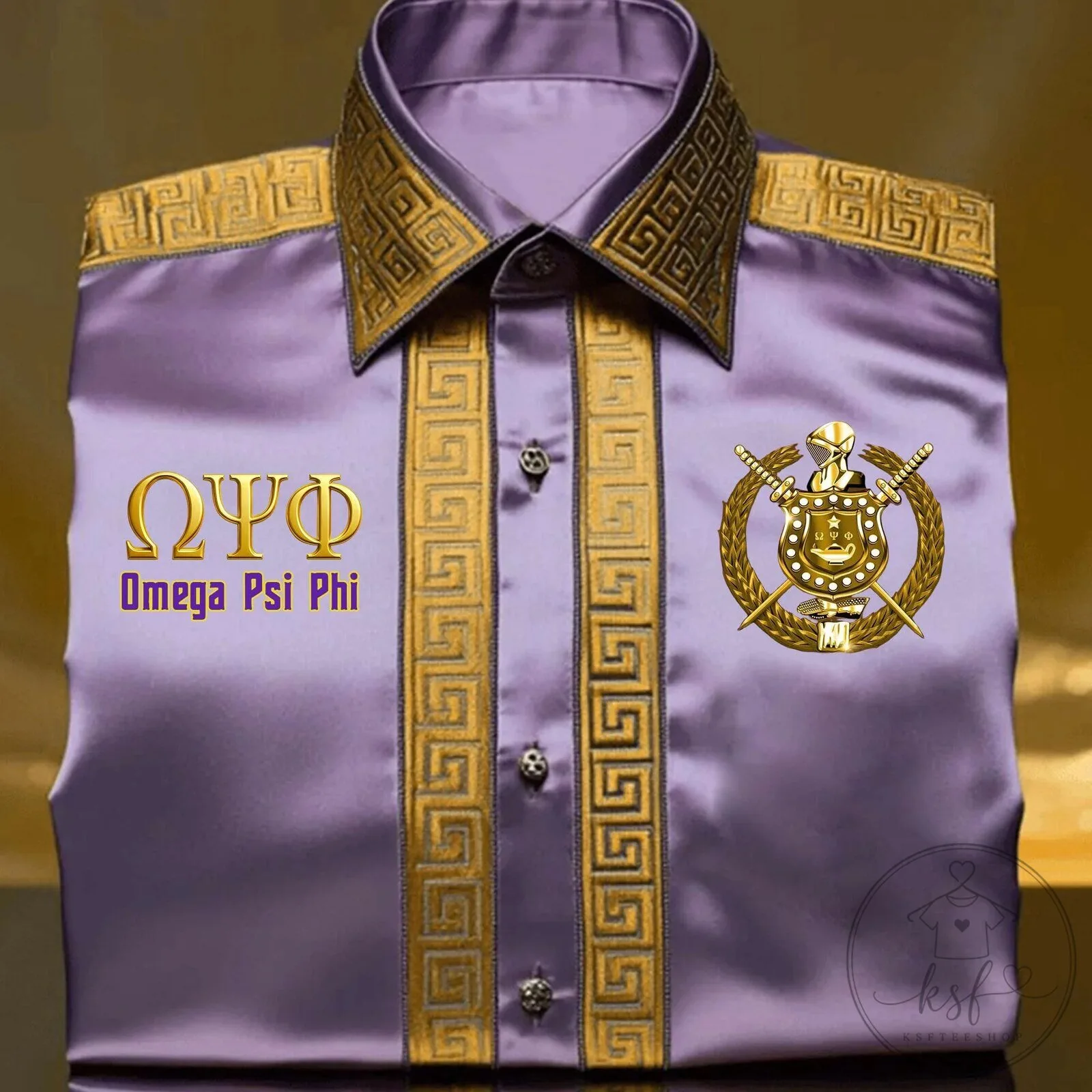 Omega Psi Phi Fraternity Gold Trim Purple Long-Sleeve Button-Up Shirt