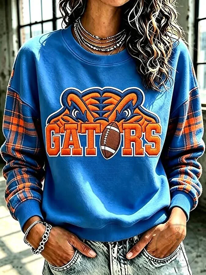 Florida Gators Football Team Mascot Blue Plaid Sleeve Sweatshirt