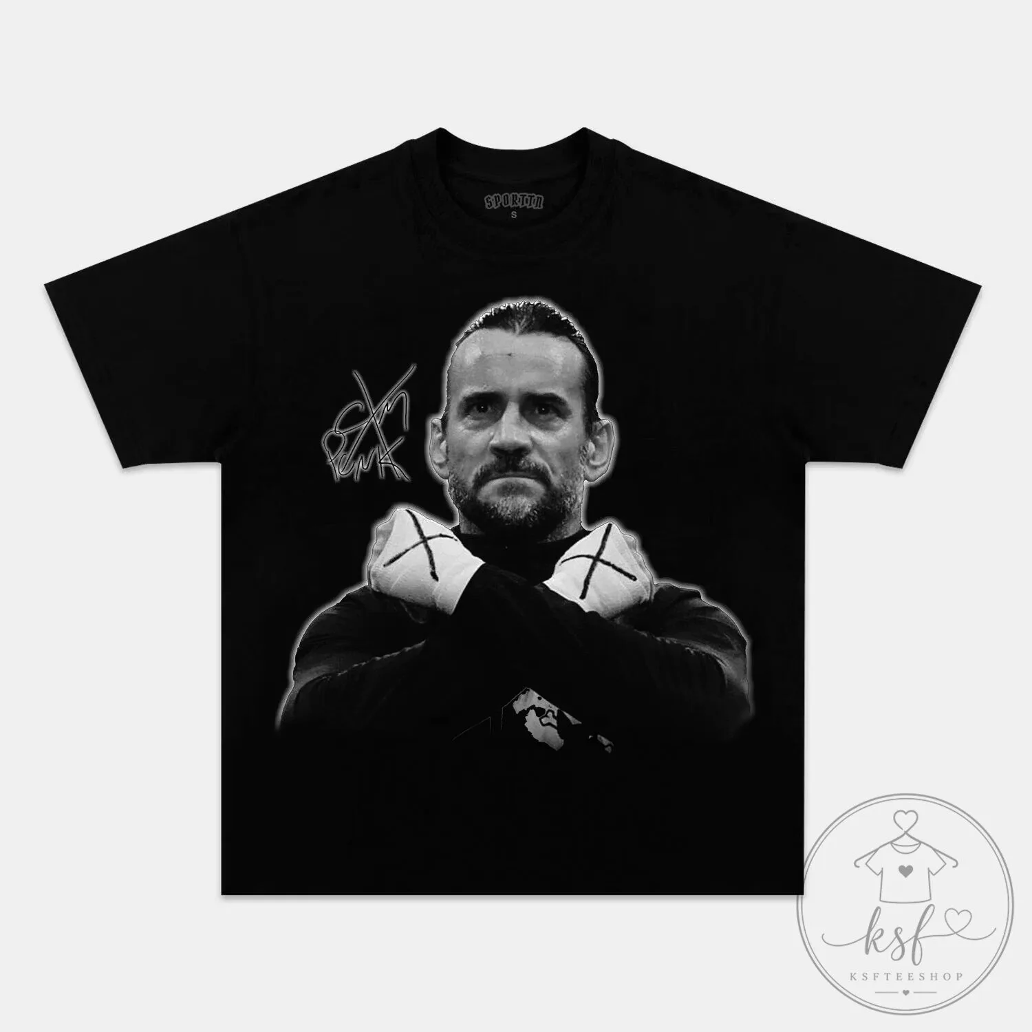 CM Punk Black and White Portrait Graphic T-Shirt