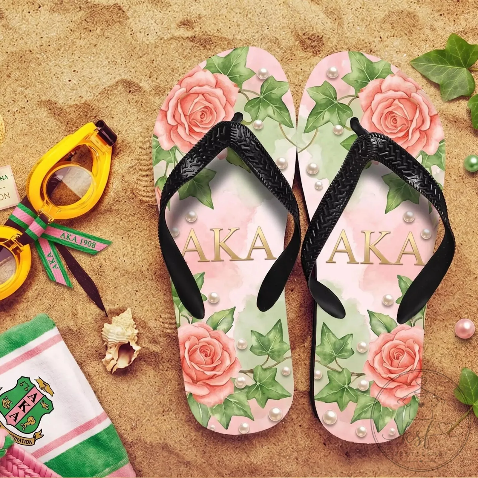Pink Roses and Pearls Flip-flops for Alpha Kappa Alpha Sorority