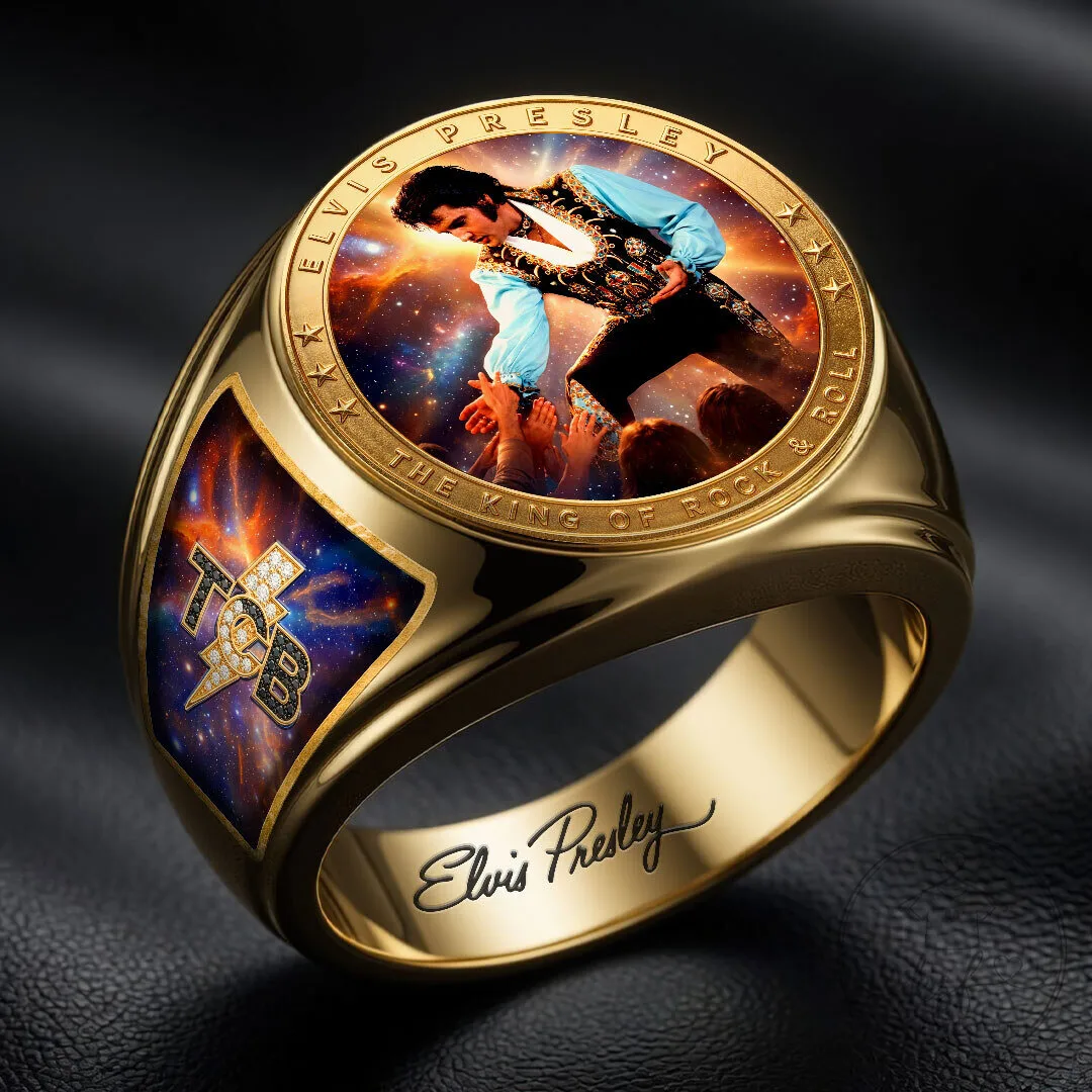 Gold Tone Engraved Ring of Elvis Presley, The King of Rock and Roll