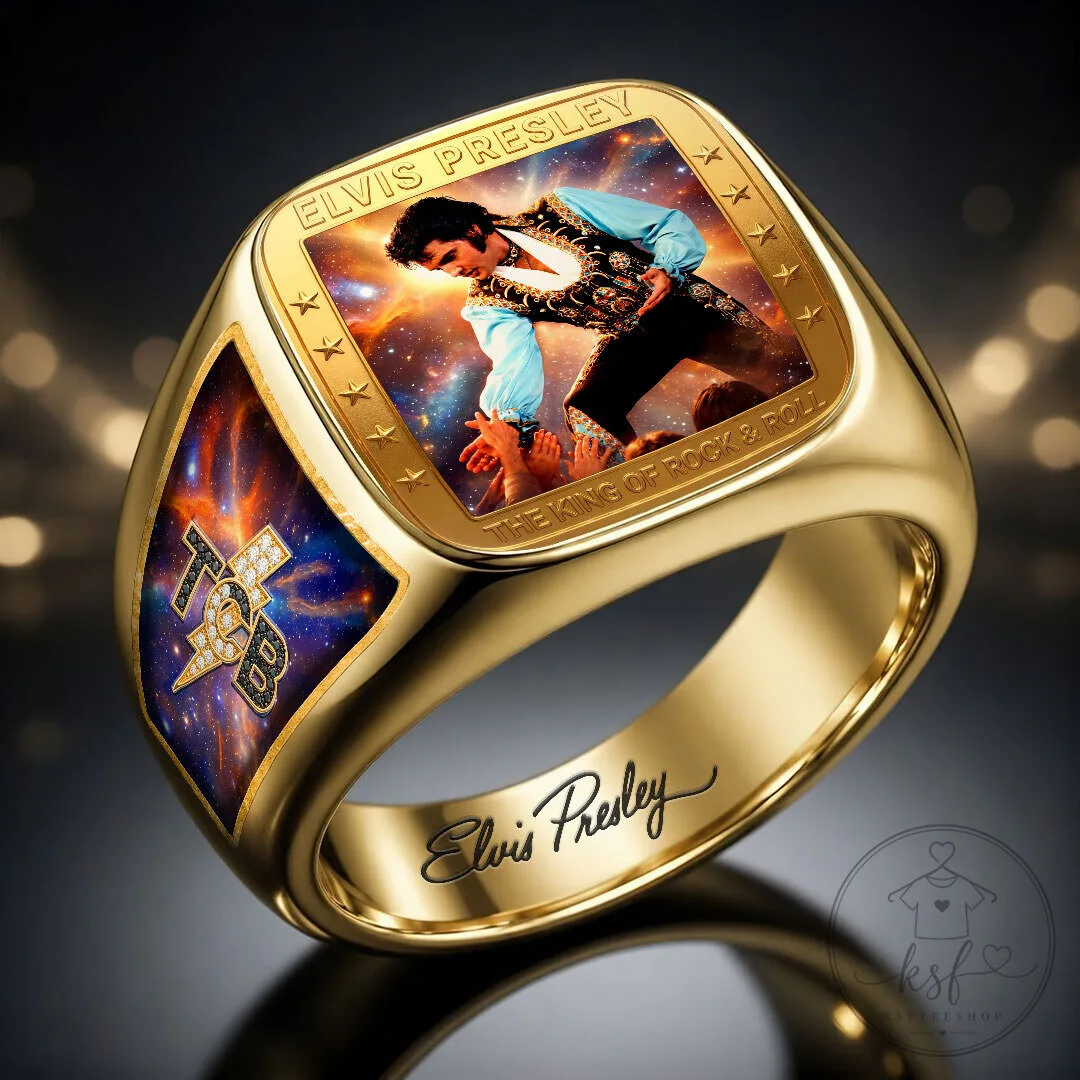 Gold Tone Engraved Ring of Elvis Presley, The King of Rock and Roll 7 Gold Tone Engraved Ring of Elvis Presley, The King of Rock and Roll