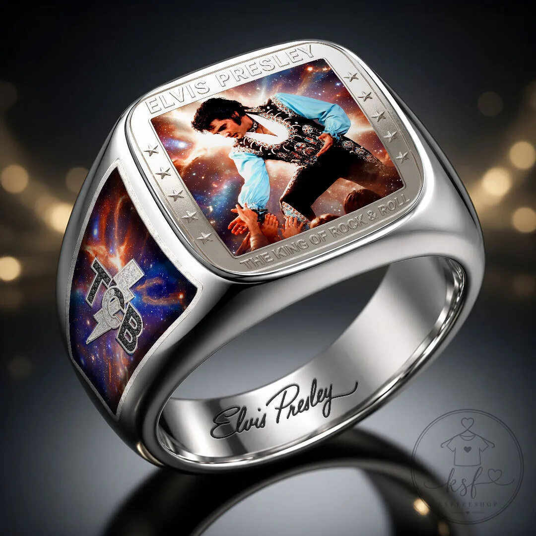 Gold Tone Engraved Ring of Elvis Presley, The King of Rock and Roll 8 Gold Tone Engraved Ring of Elvis Presley, The King of Rock and Roll
