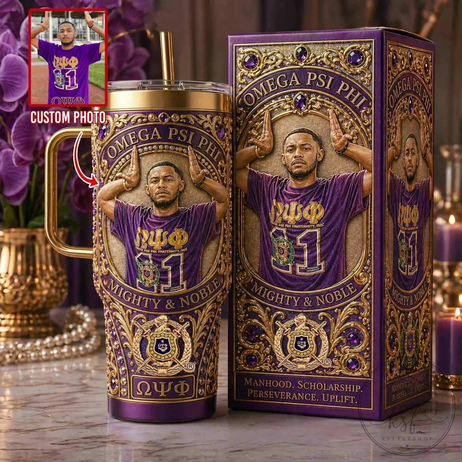 Omega Psi Phi Fraternity Custom Photo Mighty and Noble Tumbler