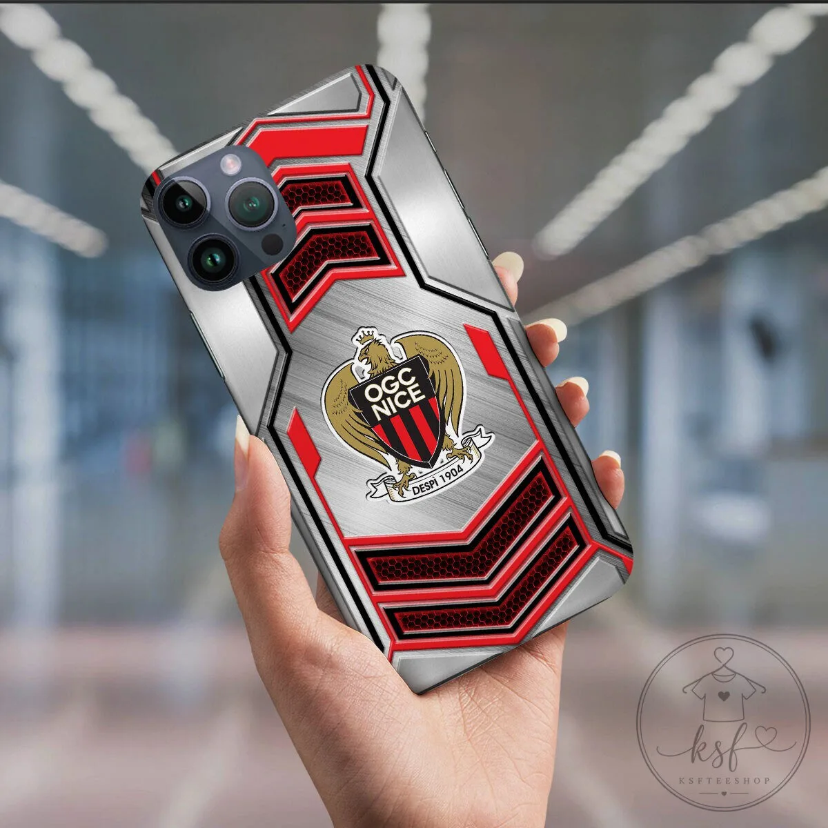 OGC Nice Football Club Silver and Red Metallic Design Phone Case