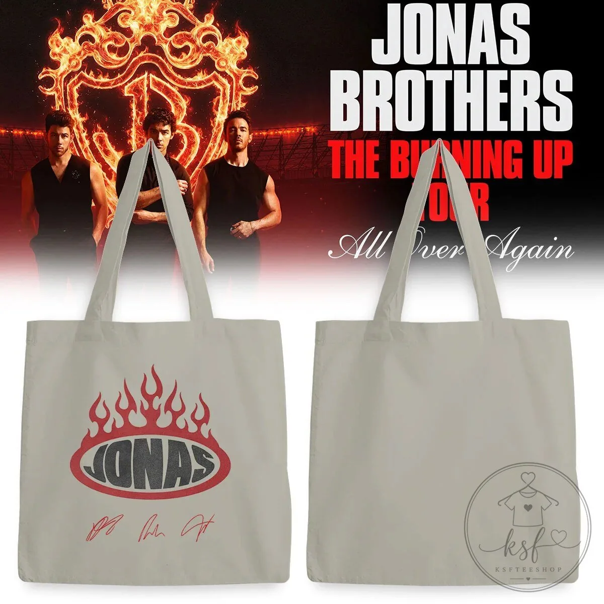 Burning Up Tour Tote Bag by Jonas Brothers - All Over Again Design