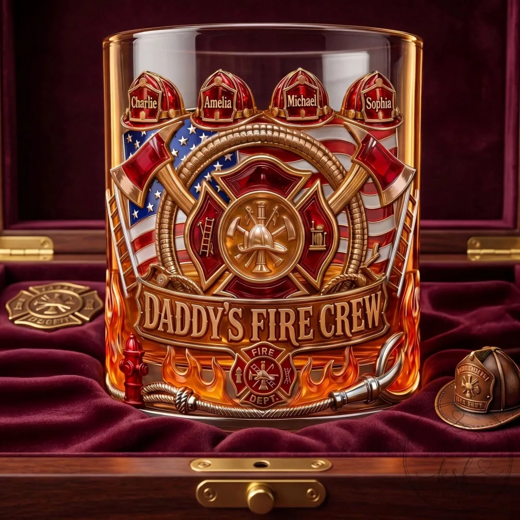Personalized Firefighter Daddy's Fire Crew American Flag Whiskey Glass