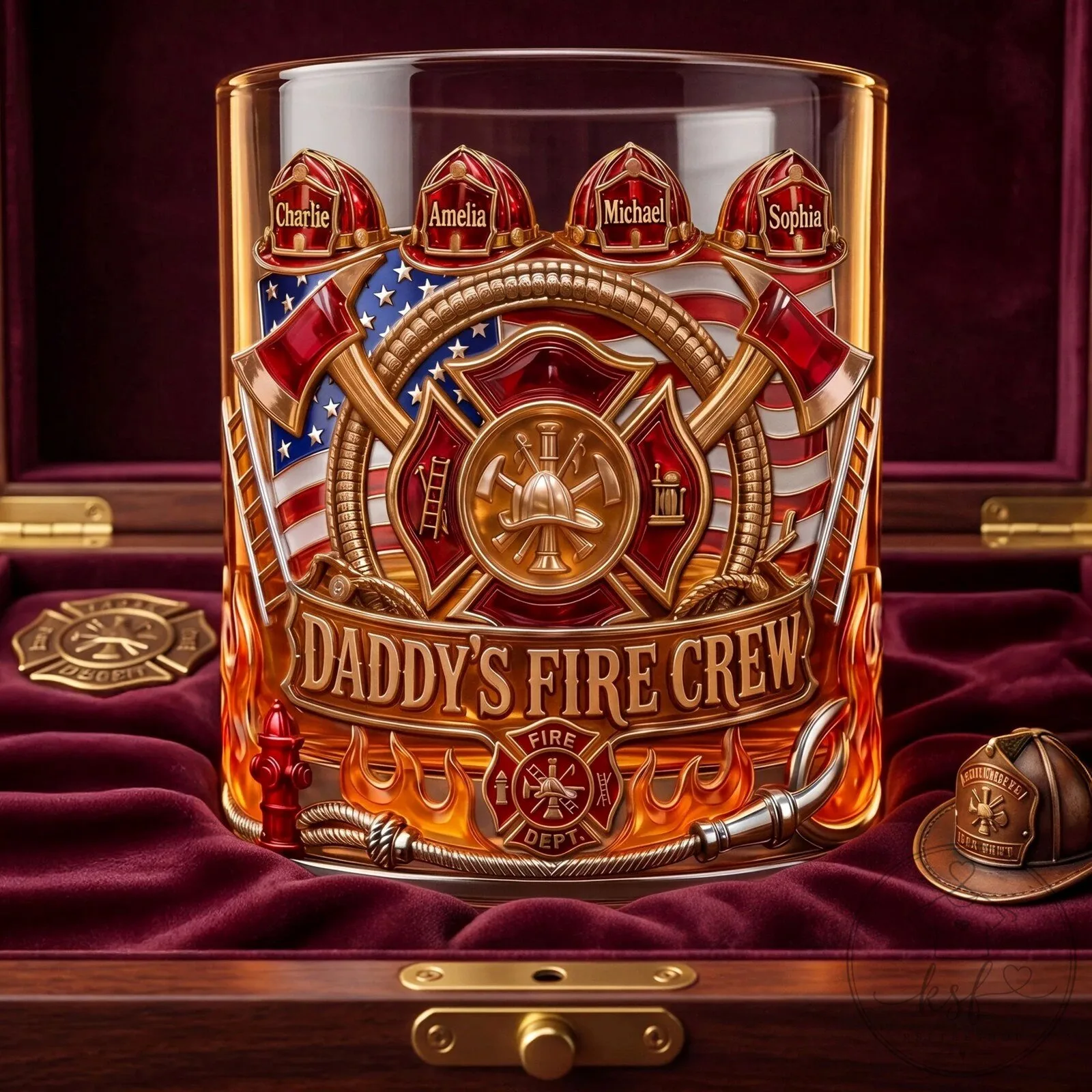 Personalized Firefighter Daddy's Fire Crew American Flag Whiskey Glass
