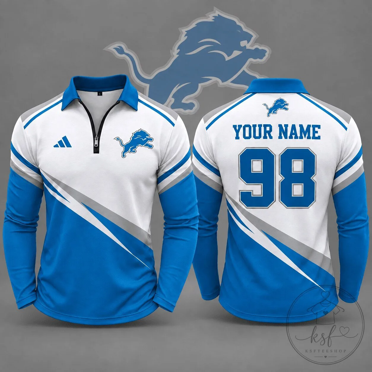 Detroit Lions Personalized Quarter Zip Long Sleeve Polo Shirt for Men