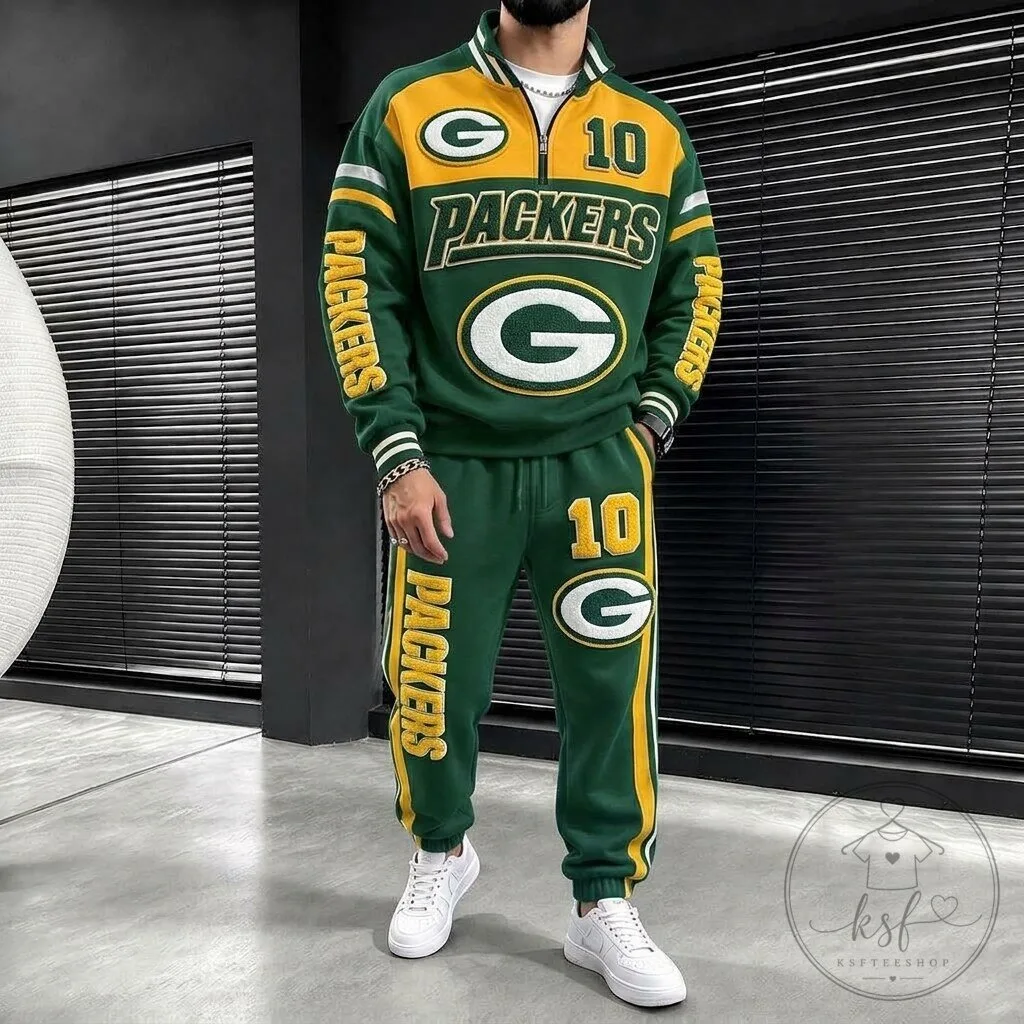 Green Bay Packers Football Team Quarter-Zip Pullover Sweatshirt and Jogger Pants Set