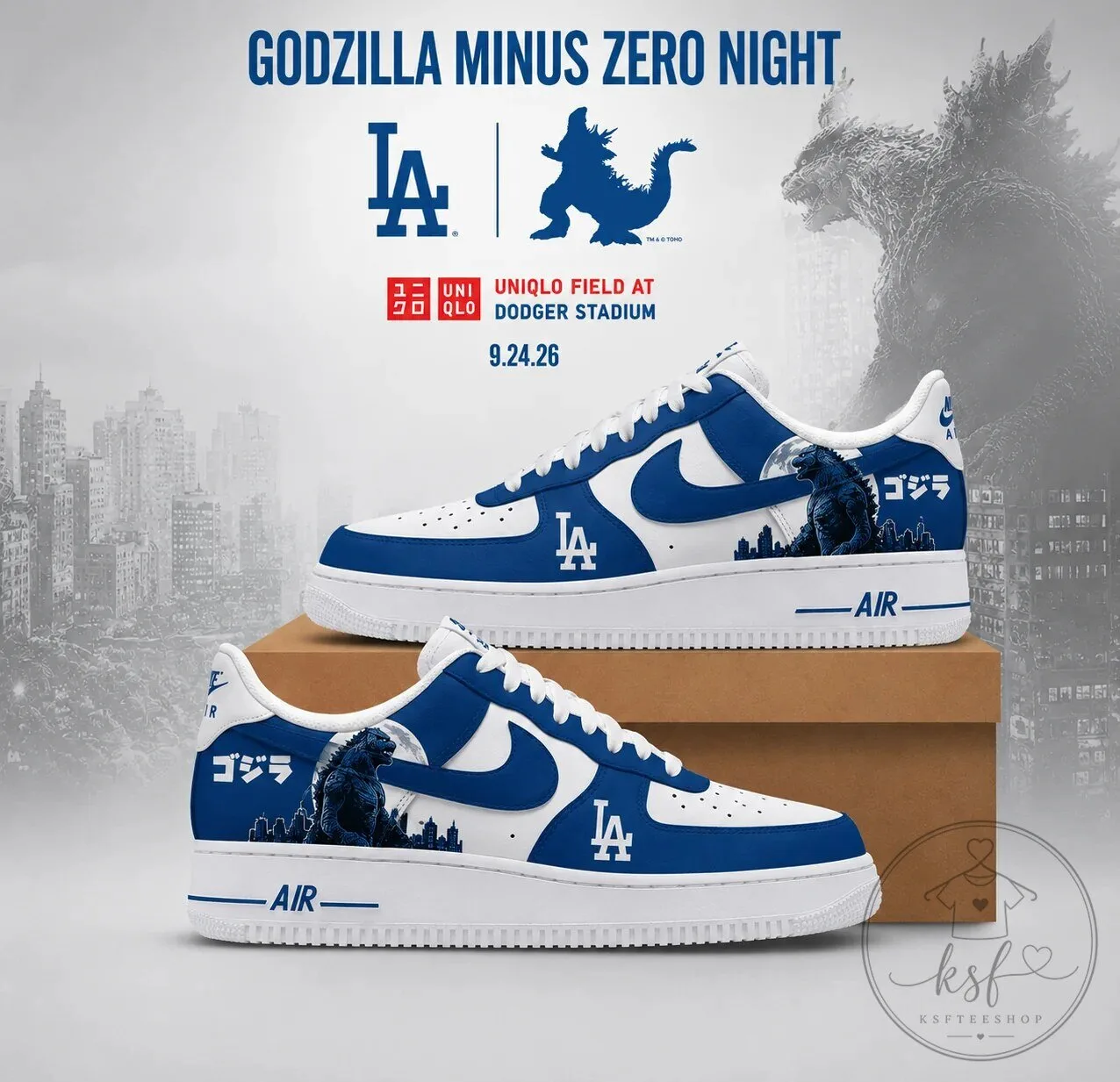 Godzilla Minus One Los Angeles Dodgers Nike Air Force One Shoes