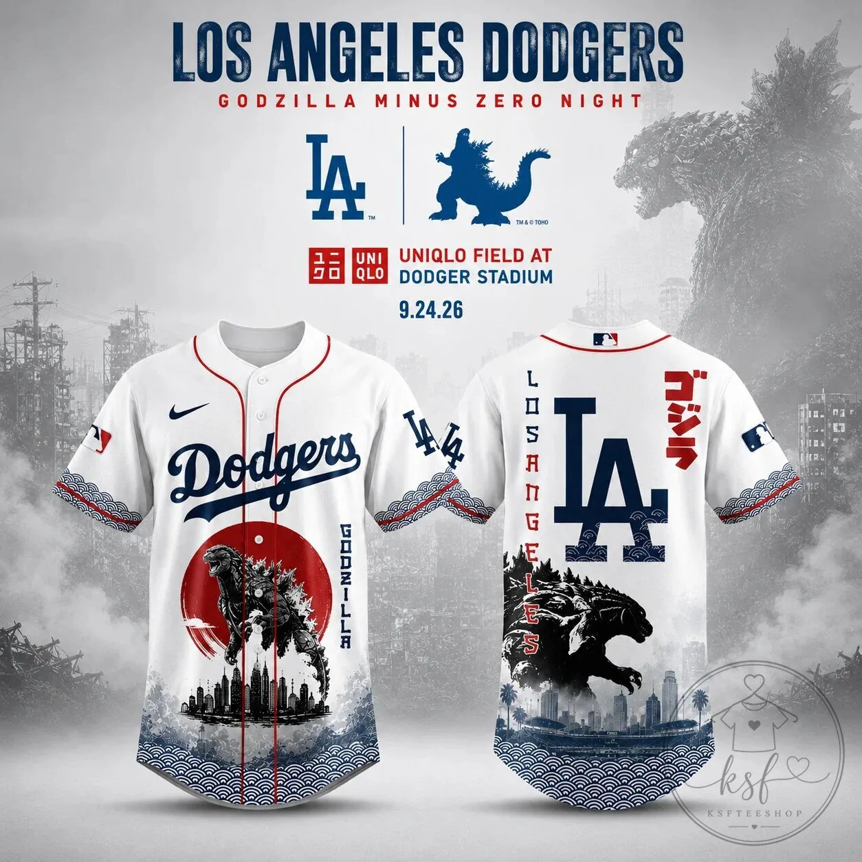 Godzilla Minus One Baseball Jersey for Los Angeles Dodgers Fans