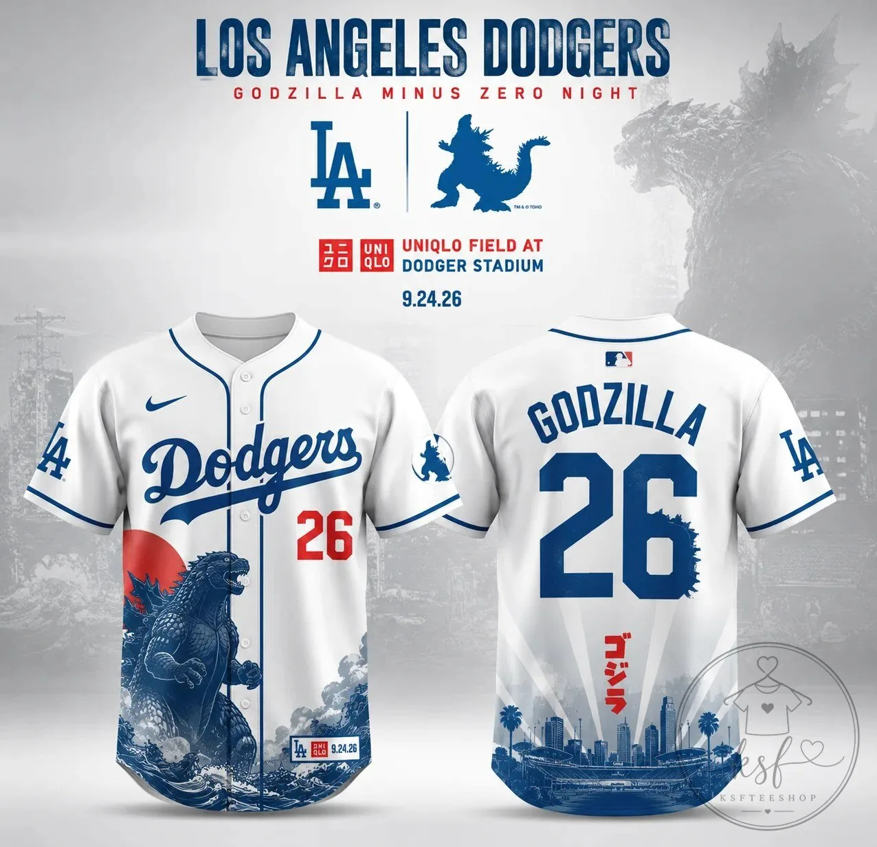 Godzilla Minus One Night Baseball Jersey - Los Angeles Dodgers Edition