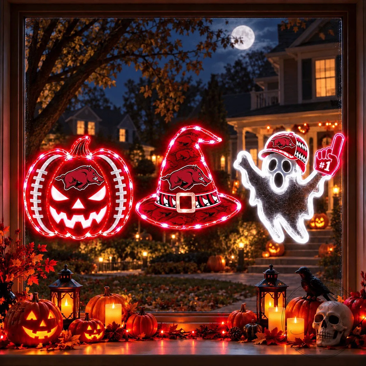 Arkansas Razorbacks Halloween Pumpkin Ghost Witch Hat Window Lights
