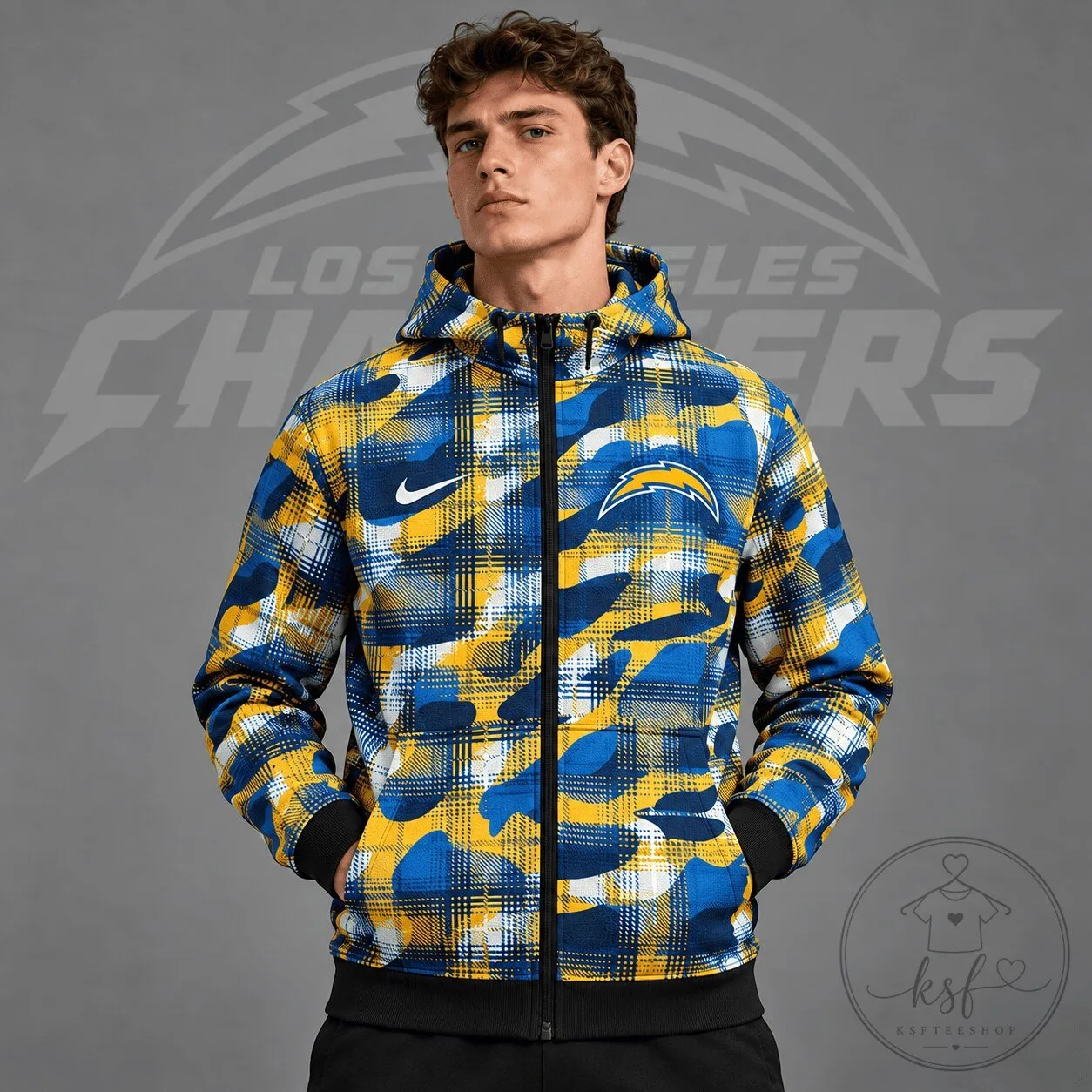 Los Angeles Chargers Plaid Camouflage Full Zip Hooded Jacket