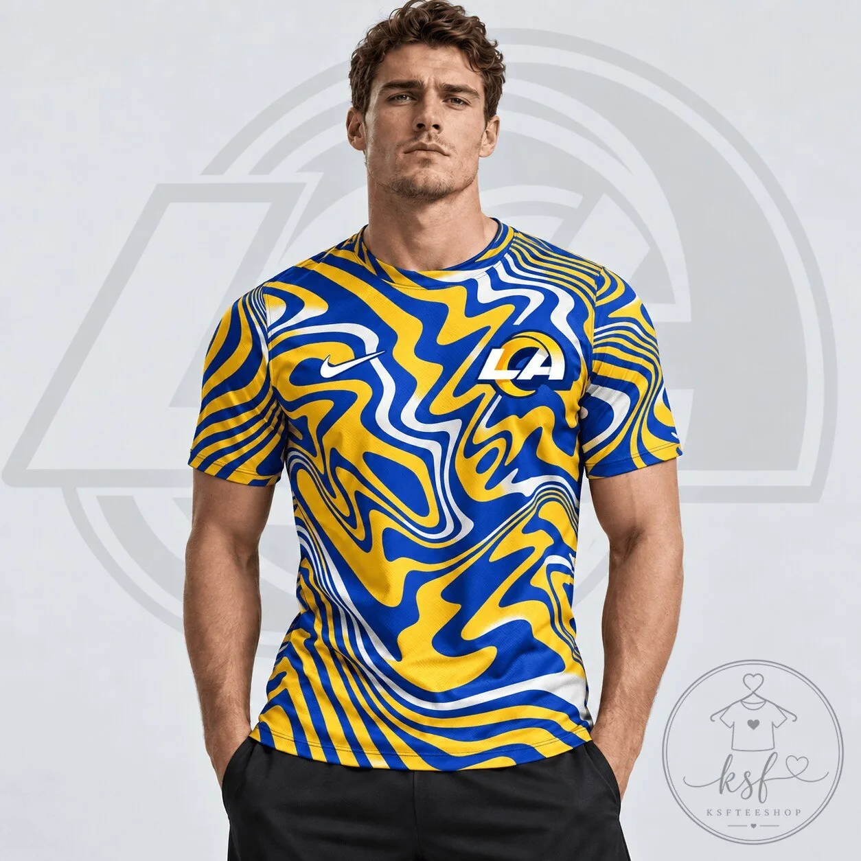 Los Angeles Rams NFL Team Crest Abstract Wave All Over Print T-Shirt