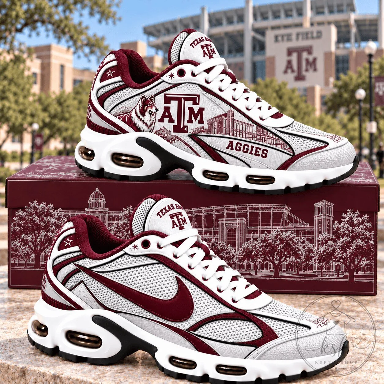Texas A&M Aggies NCAA College Team Logo White and Maroon Athletic Shoes