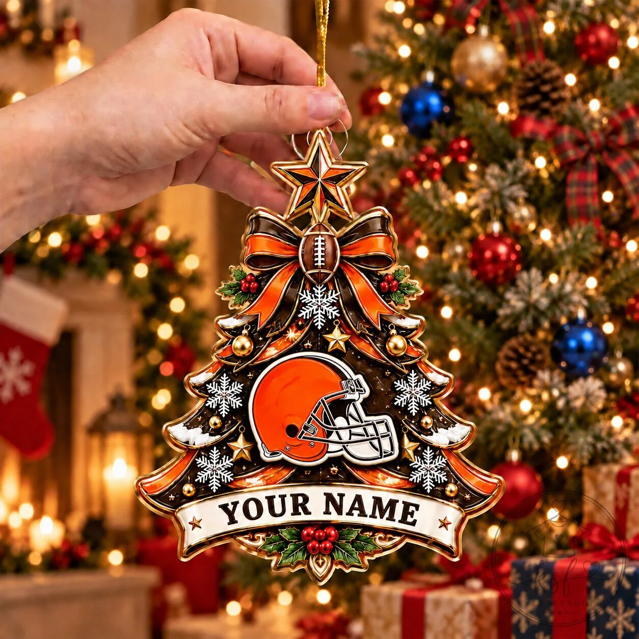 Cleveland Browns Football Christmas Tree Shaped Ornament with Custom Name