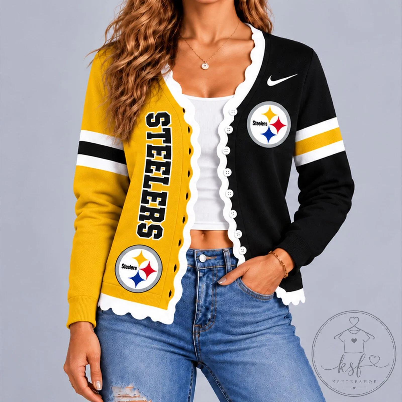 Pittsburgh Steelers NFL Football Team Fan Scalloped Cardigan Sweater