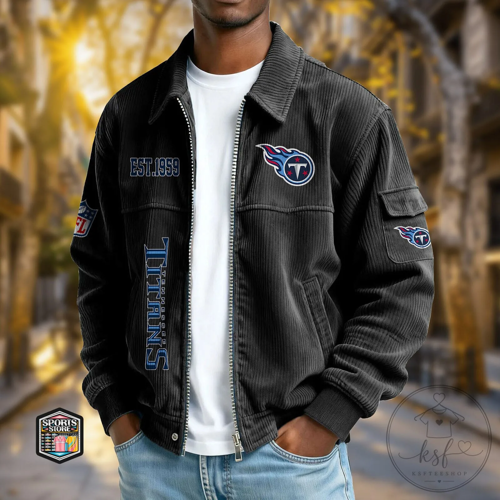 Tennessee Titans NFL Corduroy Jacket with Embroidered Team Logo and Established Date 2 Tennessee Titans NFL Corduroy Jacket with Embroidered Team Logo and Established Date