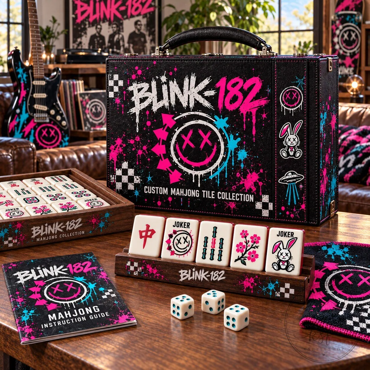 Blink-182 Mahjong Game Set with Custom Tiles and Carry Case