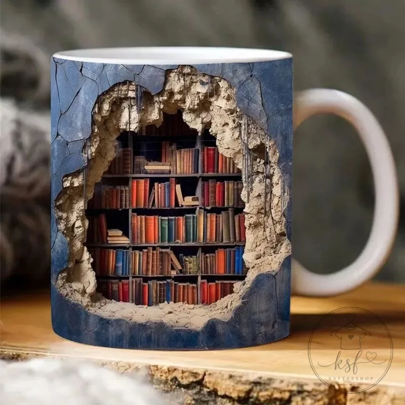 Realistic 3D Bookshelf Library Design Coffee Tea Mug