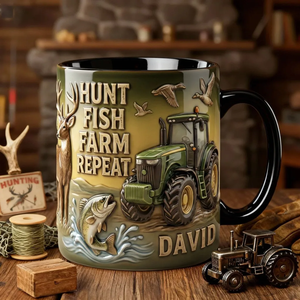 Hunt Fish Farm Repeat Personalized Farmer Tractor Coffee Mug