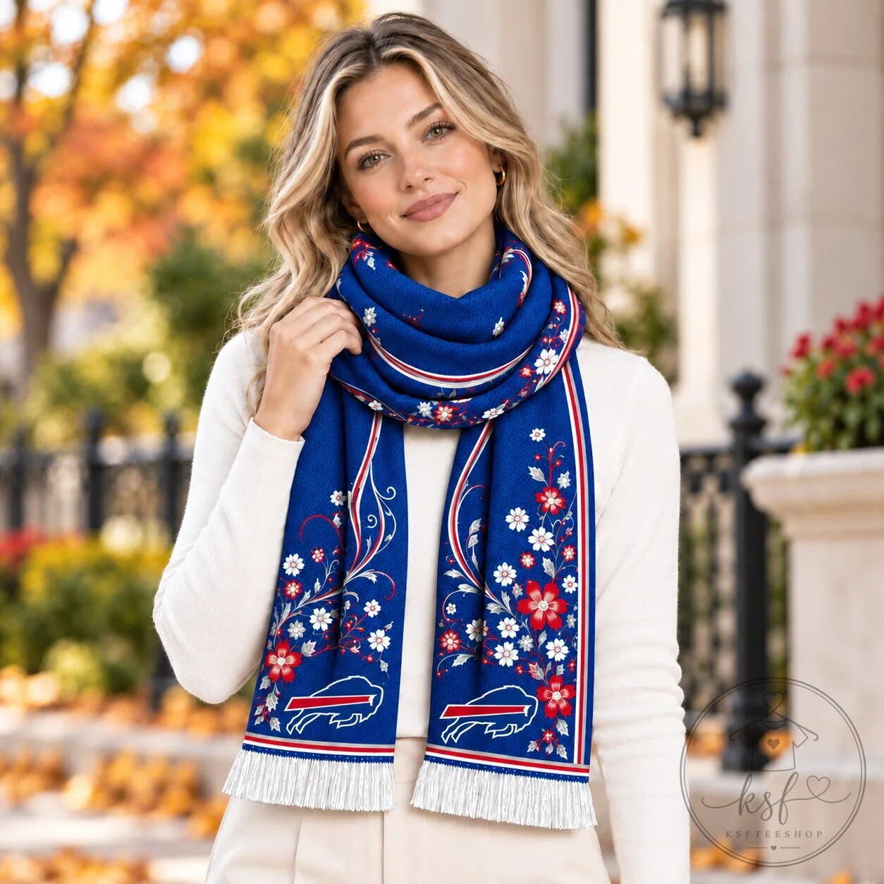 Buffalo Bills Floral Pattern Blue Scarf with White Fringe