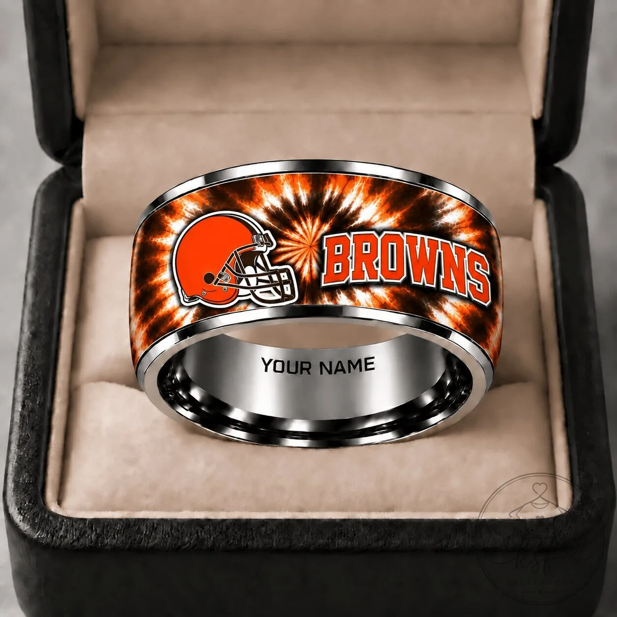 Cleveland Browns Football Team Tie-Dye Pattern Engraved Tungsten Ring