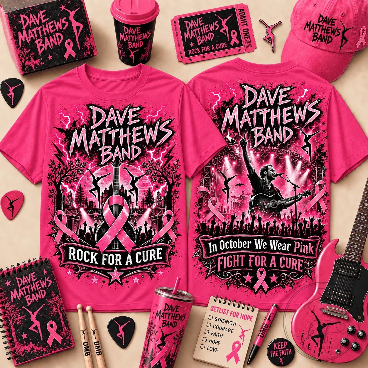 Dave Matthews Band Rock For A Cure Breast Cancer Awareness Pink Ribbon T-Shirt