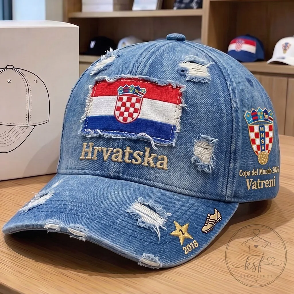 Croatia Football Distressed Denim Baseball Cap