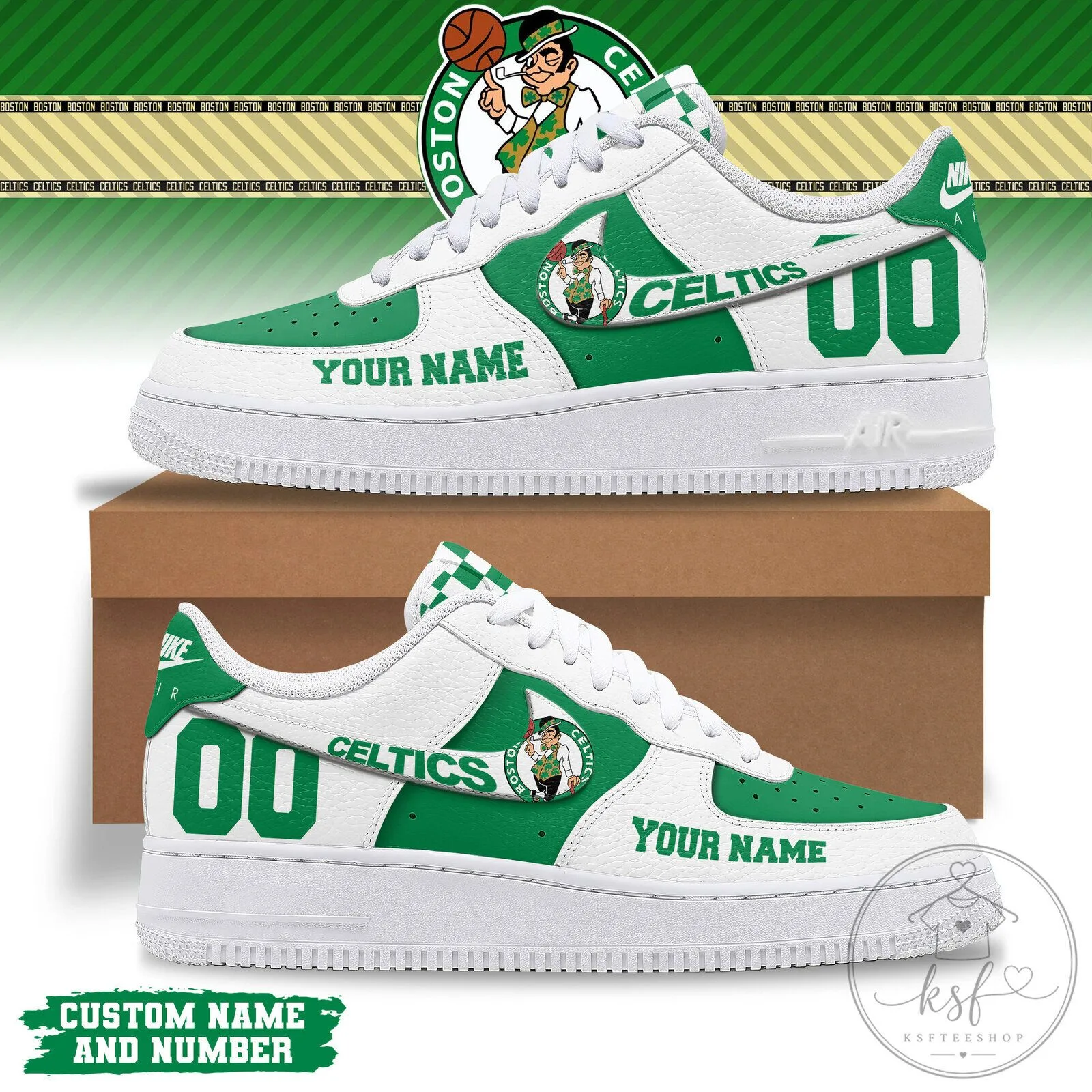 Boston Celtics Custom Name And Number White And Green Sneakers