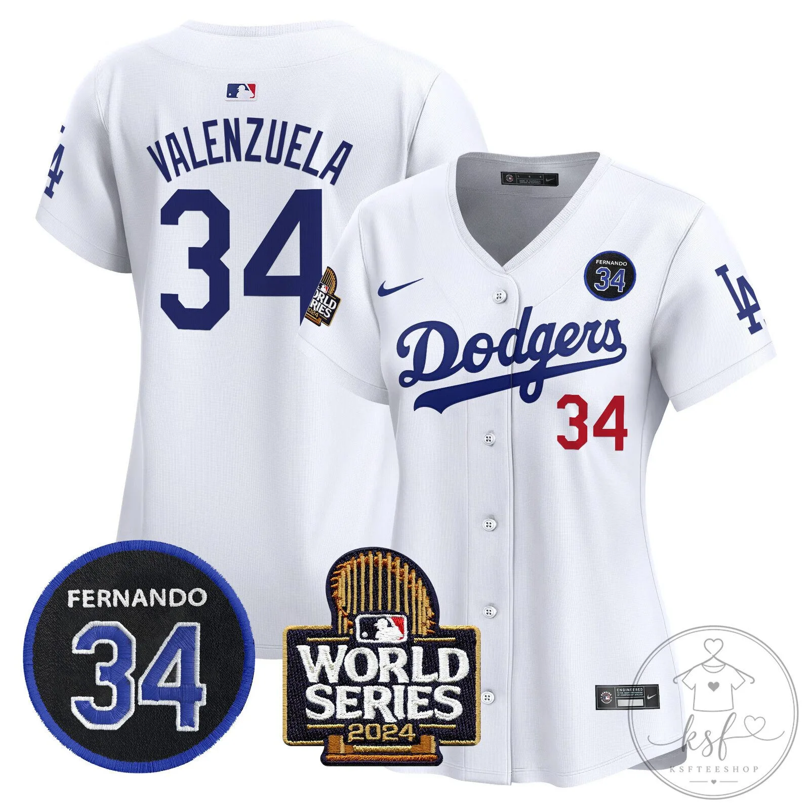 Dodgers Fernando Valenzuela 2024 World Series White Baseball Jersey for Women