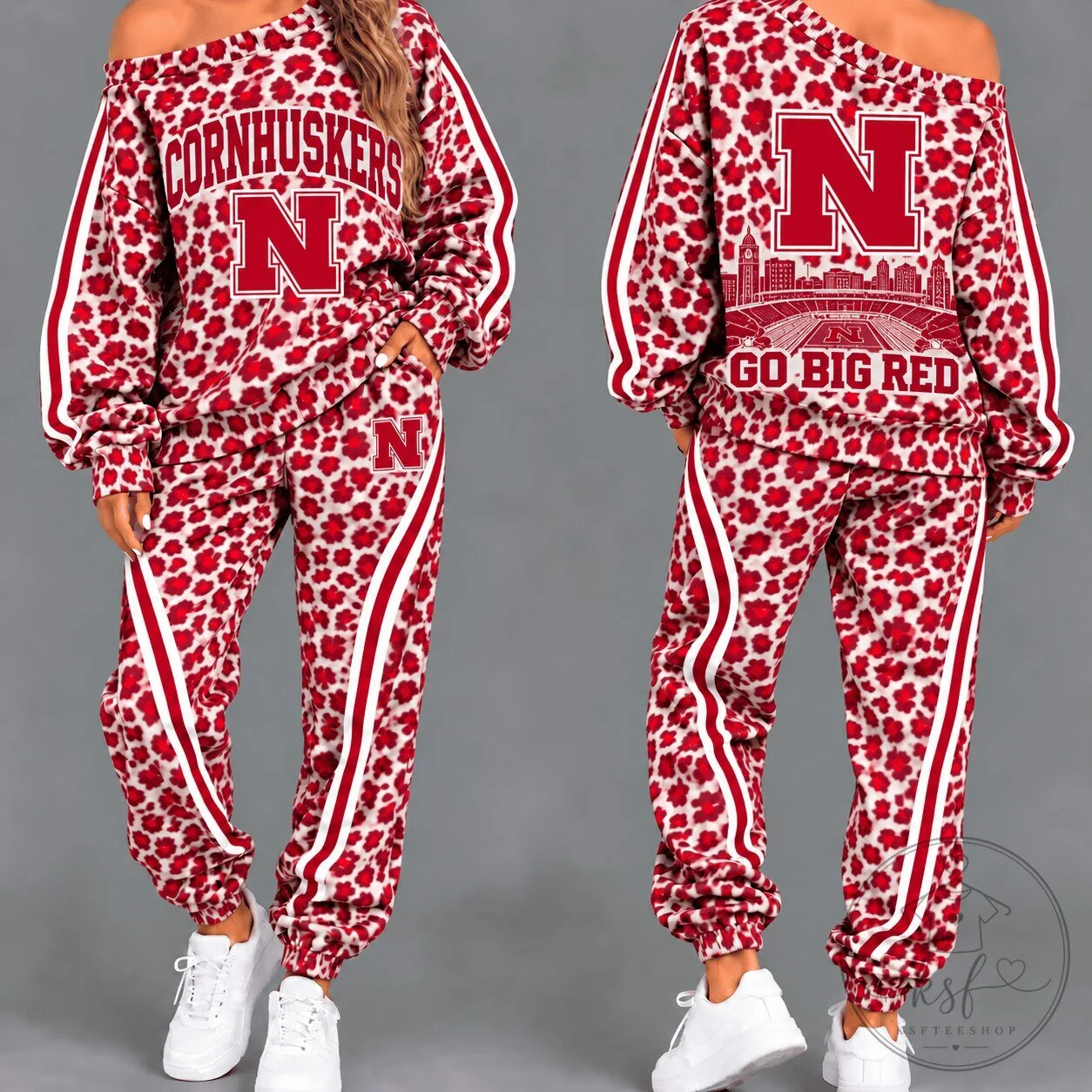 Nebraska Cornhuskers Women's Leopard Print Off Shoulder Tracksuit Set