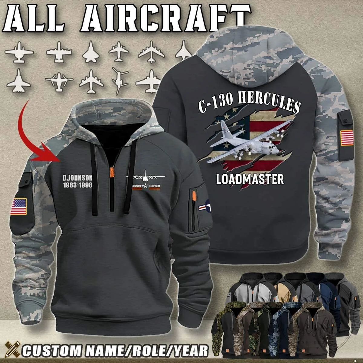 C-130 Hercules Loadmaster Aviation Military Camouflage Half-Zip Hoodie