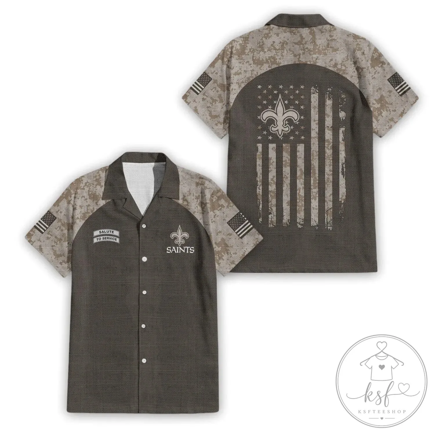 Hawaiian Shirt Featuring American Flag and New Orleans Saints Salute To Service Design