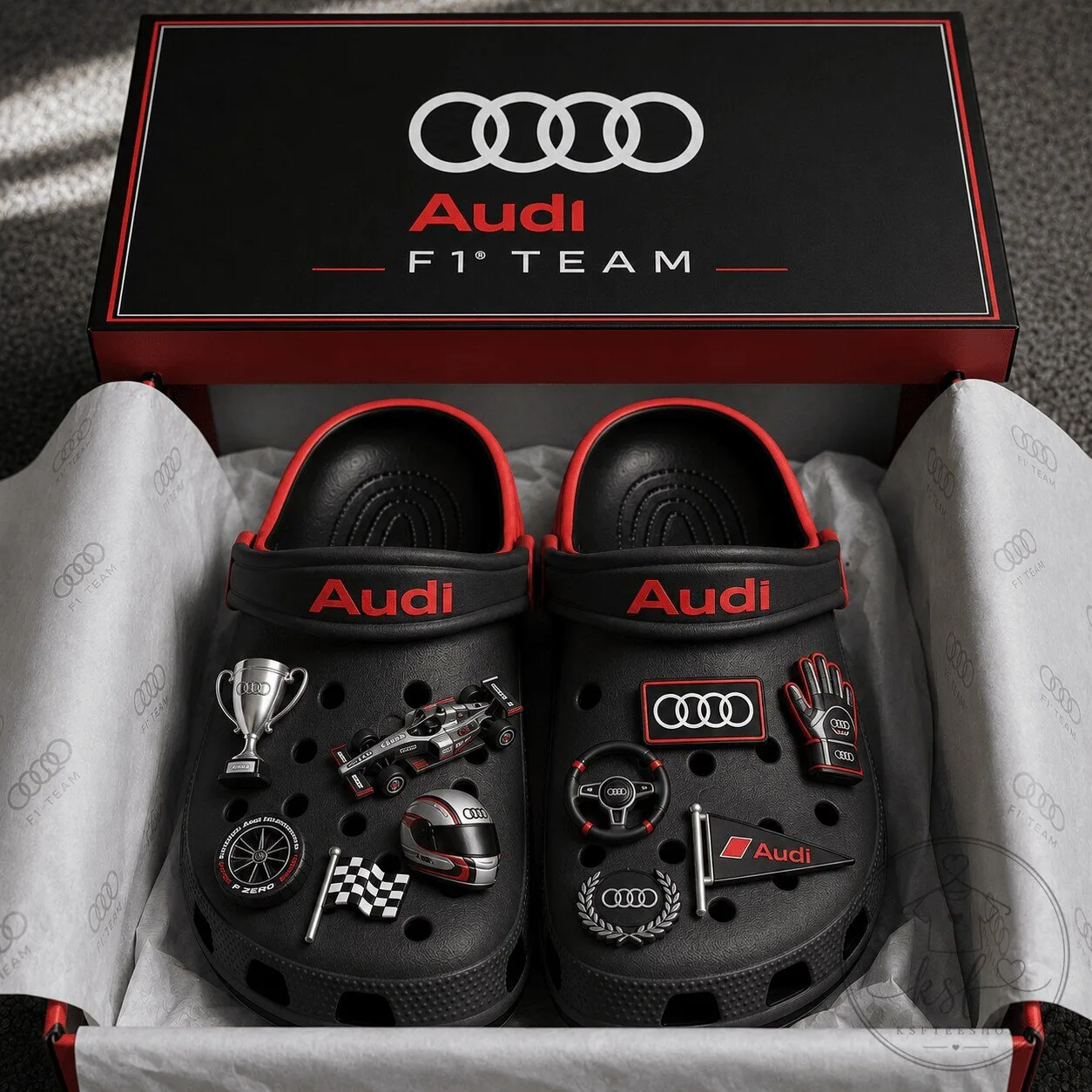 Audi Formula 1 Team Racing Crocs Shoes with F1 Team Charms