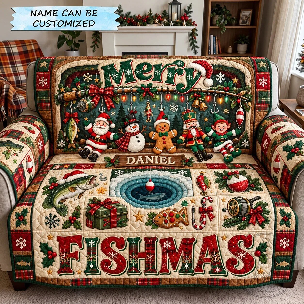 Merry Fishmas Fishing Crew Christmas Sofa Cover