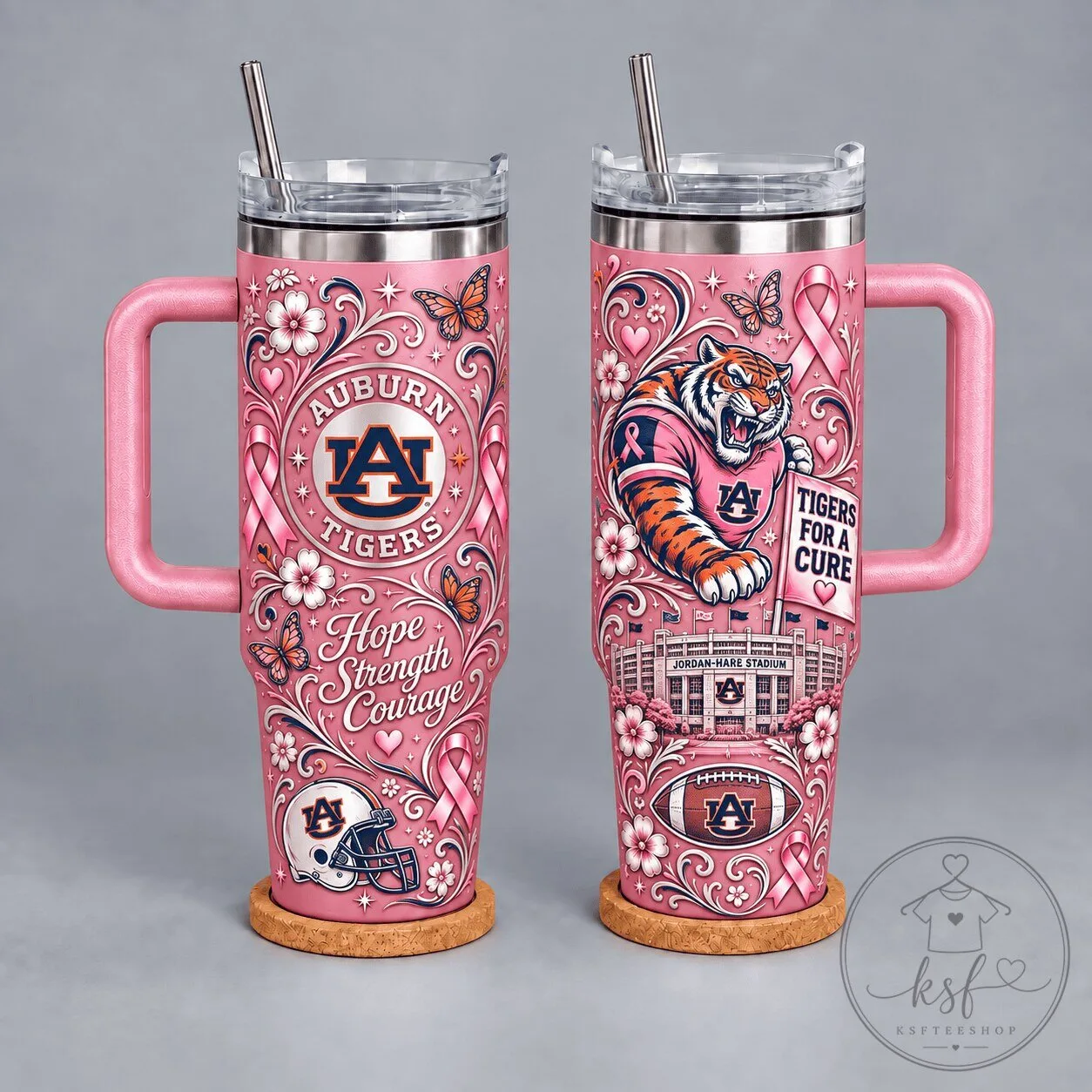 Auburn Tigers Breast Cancer Awareness Hope Strength Courage Pink Tumbler