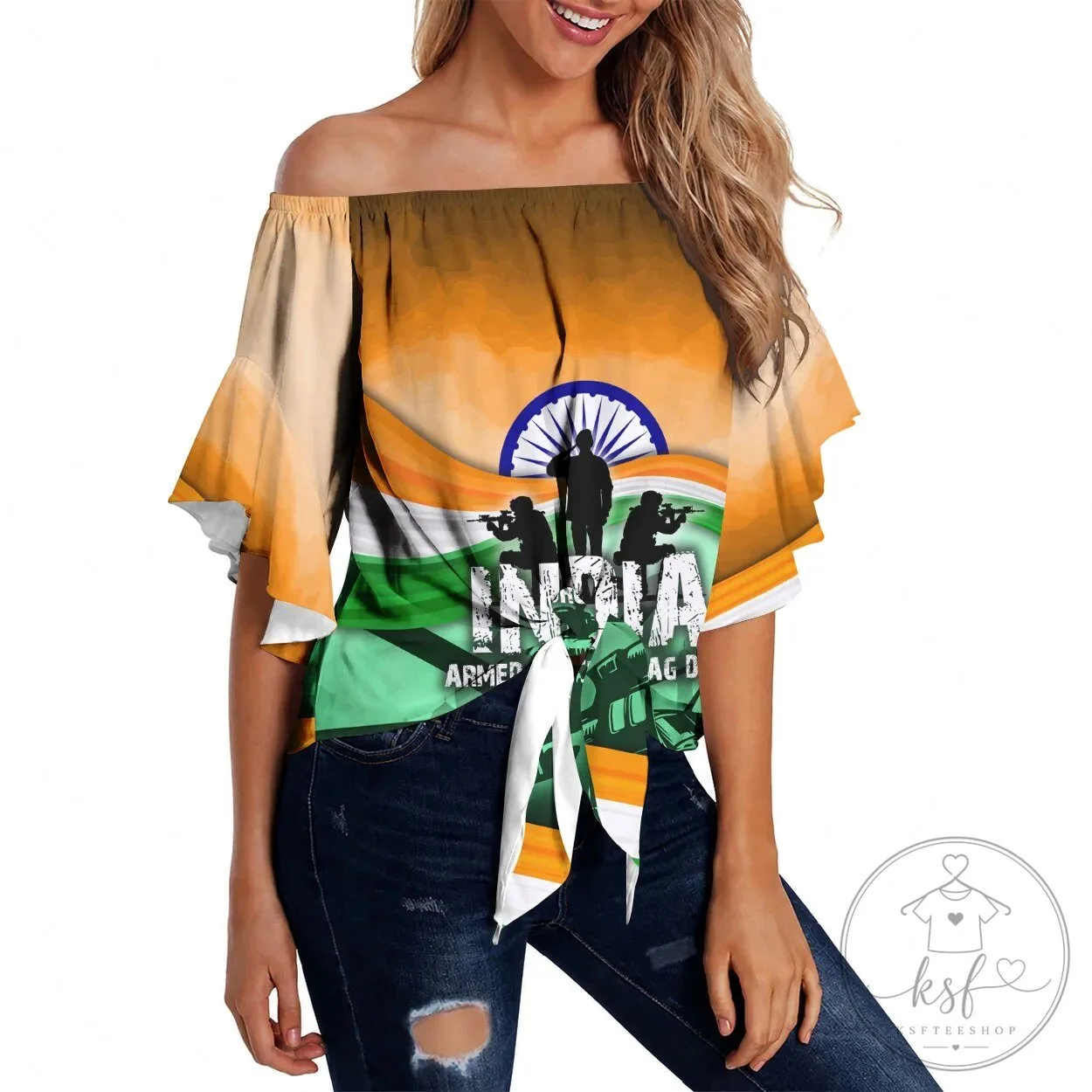 India Armed Forces Flag Day Off Shoulder Wrap Waist Patriotic Military T-Shirt