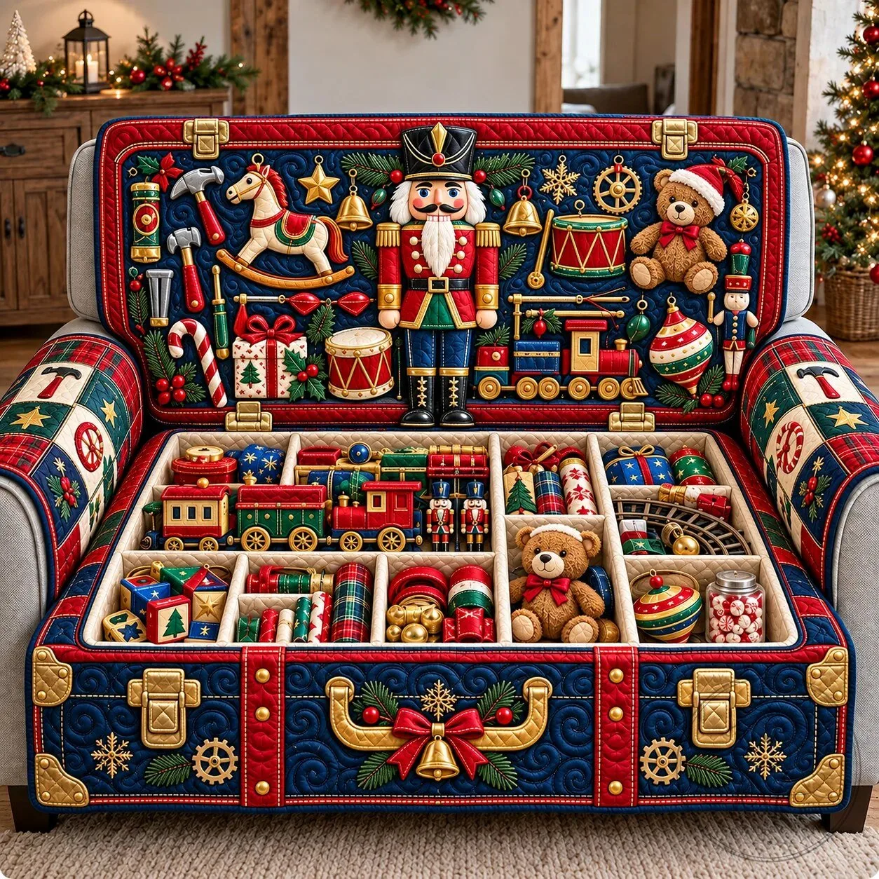Nutcracker Christmas Toy Chest Quilted Sofa Cover for Holiday Decor