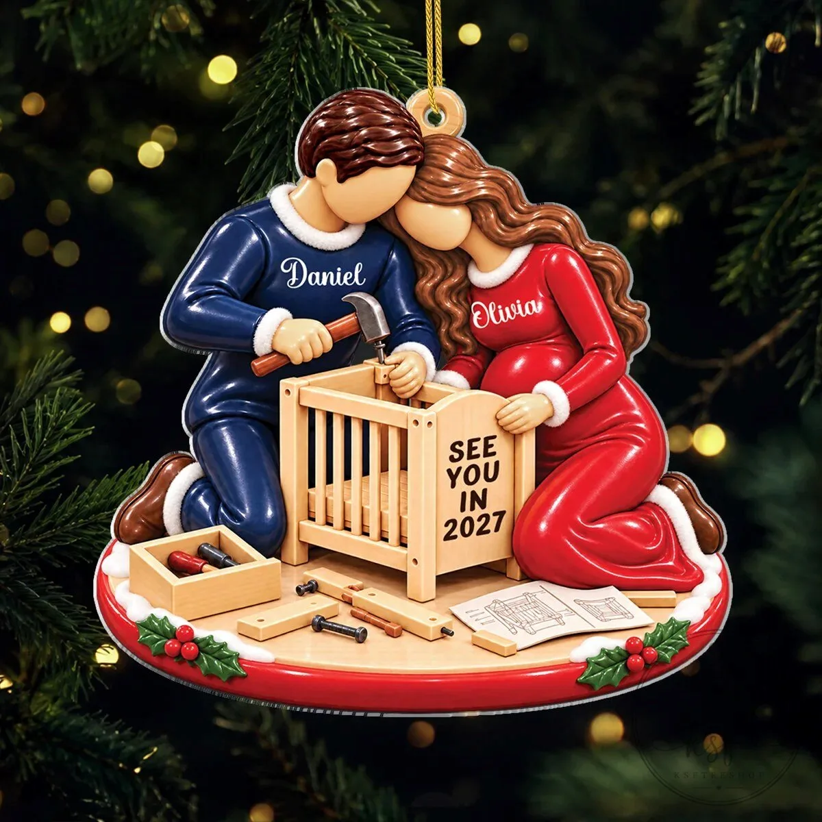 Personalized Expecting Parents Building Baby Crib Christmas Tree Ornament