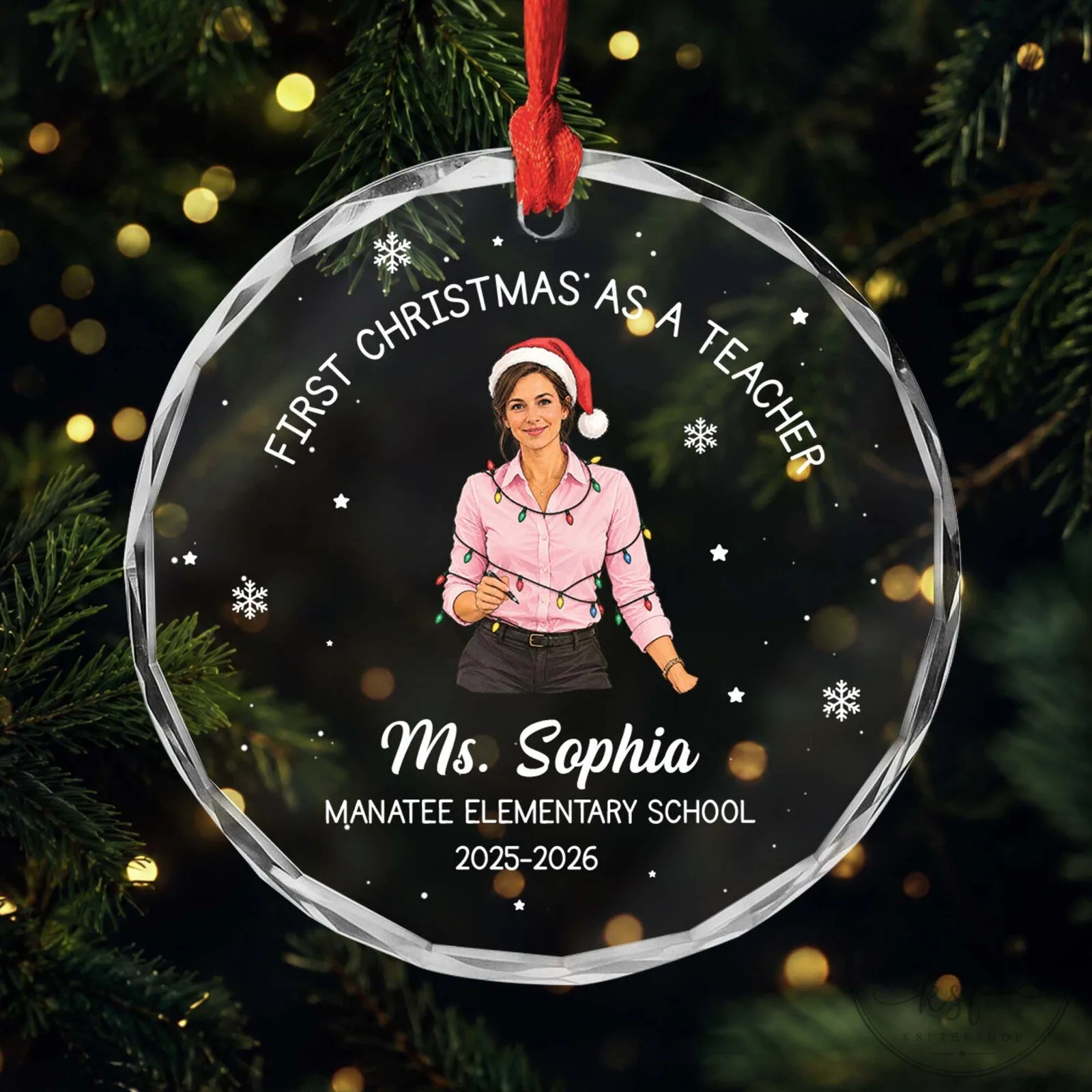 First Christmas As A Teacher Personalized Glass Ornament - Custom School Year Gift